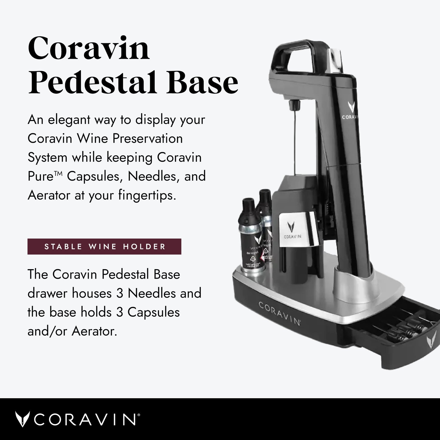 Coravin Wine Preservation System Pedestal Base - Stand for Wine Saver - Holds Needle Wine Openers and Coravin Pure Capsules