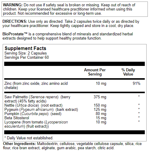 Nutra BioGenesis - BioProstate - Saw Palmetto, Beta-Sitosterol and Lycopene for Prostate Health and Urinary Tract Support - Gluten Free, Vegan - 120 Capsules
