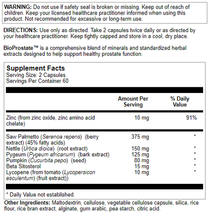 Nutra BioGenesis - BioProstate - Saw Palmetto, Beta-Sitosterol and Lycopene for Prostate Health and Urinary Tract Support - Gluten Free, Vegan - 120 Capsules