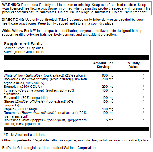 Nutra BioGenesis - White Willow Forte - White Willow Bark, Boswellia and Turmeric to Help Support Body Comfort and Cytokine Balance - Gluten Free, Vegan, Non-GMO - 120 Capsules