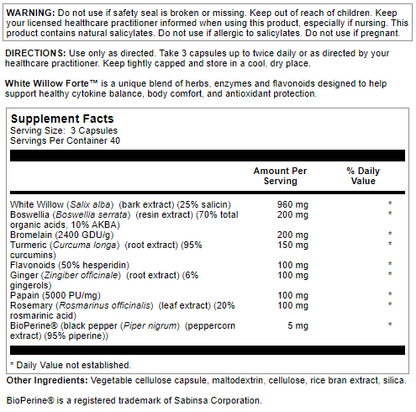 Nutra BioGenesis - White Willow Forte - White Willow Bark, Boswellia and Turmeric to Help Support Body Comfort and Cytokine Balance - Gluten Free, Vegan, Non-GMO - 120 Capsules