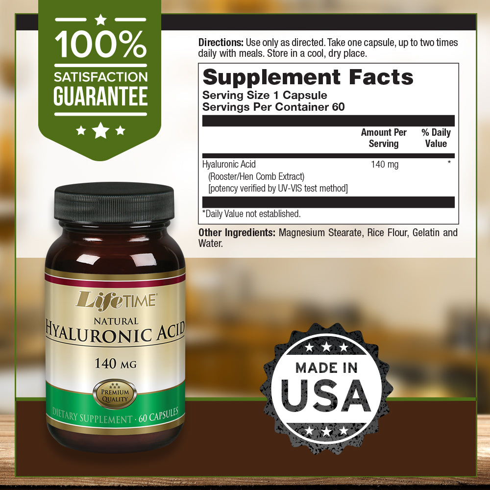 Lifetime Natural Hyaluronic Acid | Supports Healthy Skin & Joints | Skin Hydration, Joint Lubrication| Made in Our own Facility | 140mg | 60 Capsules