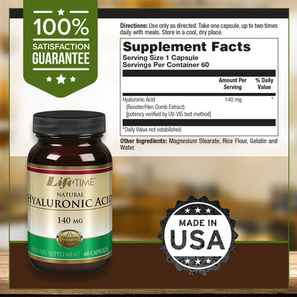 Lifetime Natural Hyaluronic Acid | Supports Healthy Skin & Joints | Skin Hydration, Joint Lubrication| Made in Our own Facility | 140mg | 60 Capsules