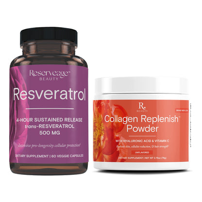 Reserveage- Resveratrol 500mg caps 60ct and Collagen replenish powder 2.75oz
