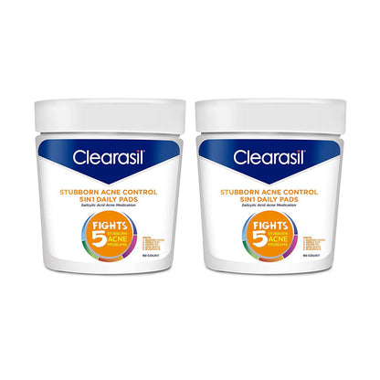 Clearasil Stubborn Acne Control 5-in-1 Daily Pads with Salicylic Acid Acne Medication, 90 Count (Pack of 2)