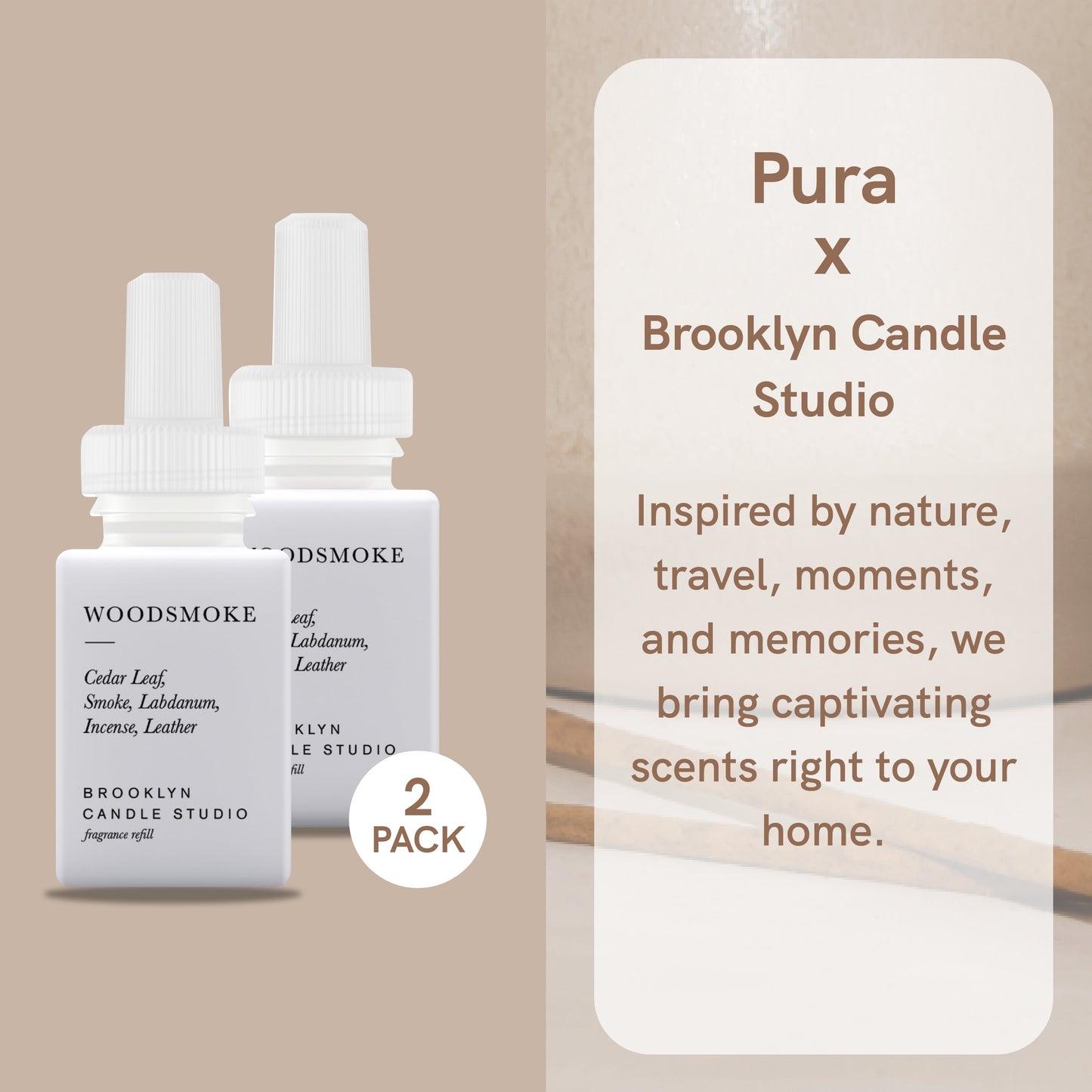 Pura and Brooklyn Candle Studio - Home Fragrance Scent for Air Diffusers - Aromatherapy Scents for Bedrooms & Living Rooms Scents for Smart Home Diffusers - 2 Pack - Woodsmoke