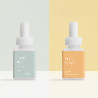 Pura Smart Fragrance Diffuser Device Set - Home Scent Diffuser with Pura Refills - 1 Fragrance Diffuser, 1 Linens & Surf, 1 Yuzu Citron
