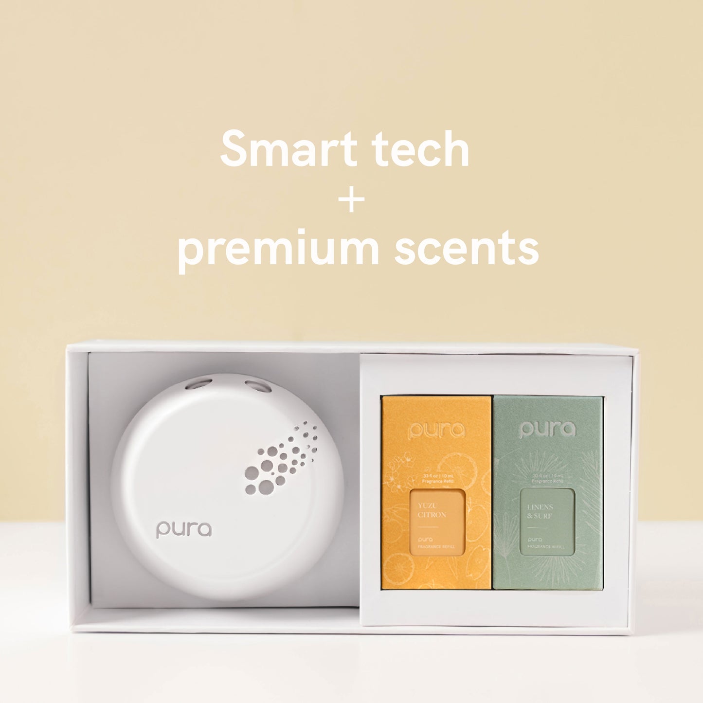 Pura Smart Fragrance Diffuser Device Set - Home Scent Diffuser with Pura Refills - 1 Fragrance Diffuser, 1 Linens & Surf, 1 Yuzu Citron