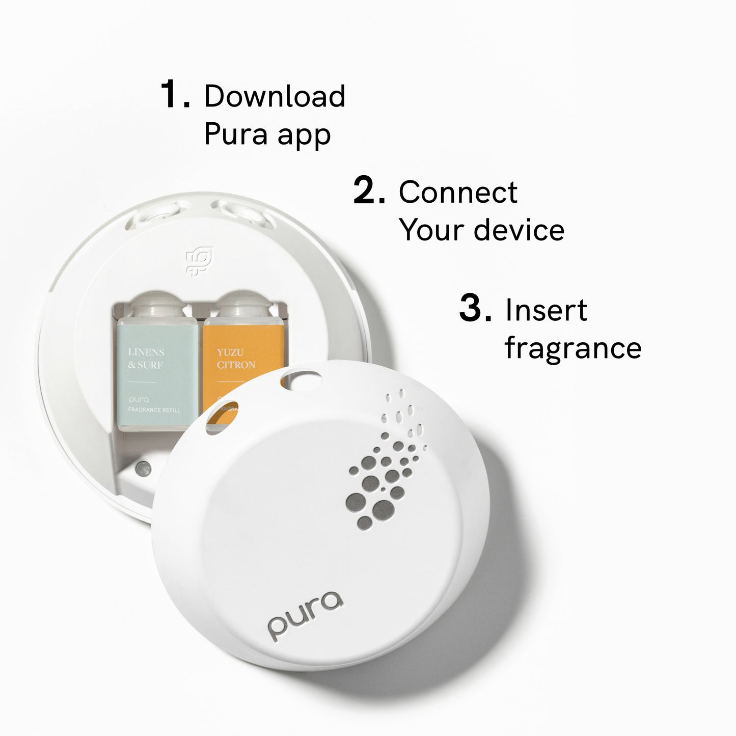 Pura Smart Fragrance Diffuser Device Set - Home Scent Diffuser with Pura Refills - 1 Fragrance Diffuser, 1 Linens & Surf, 1 Yuzu Citron