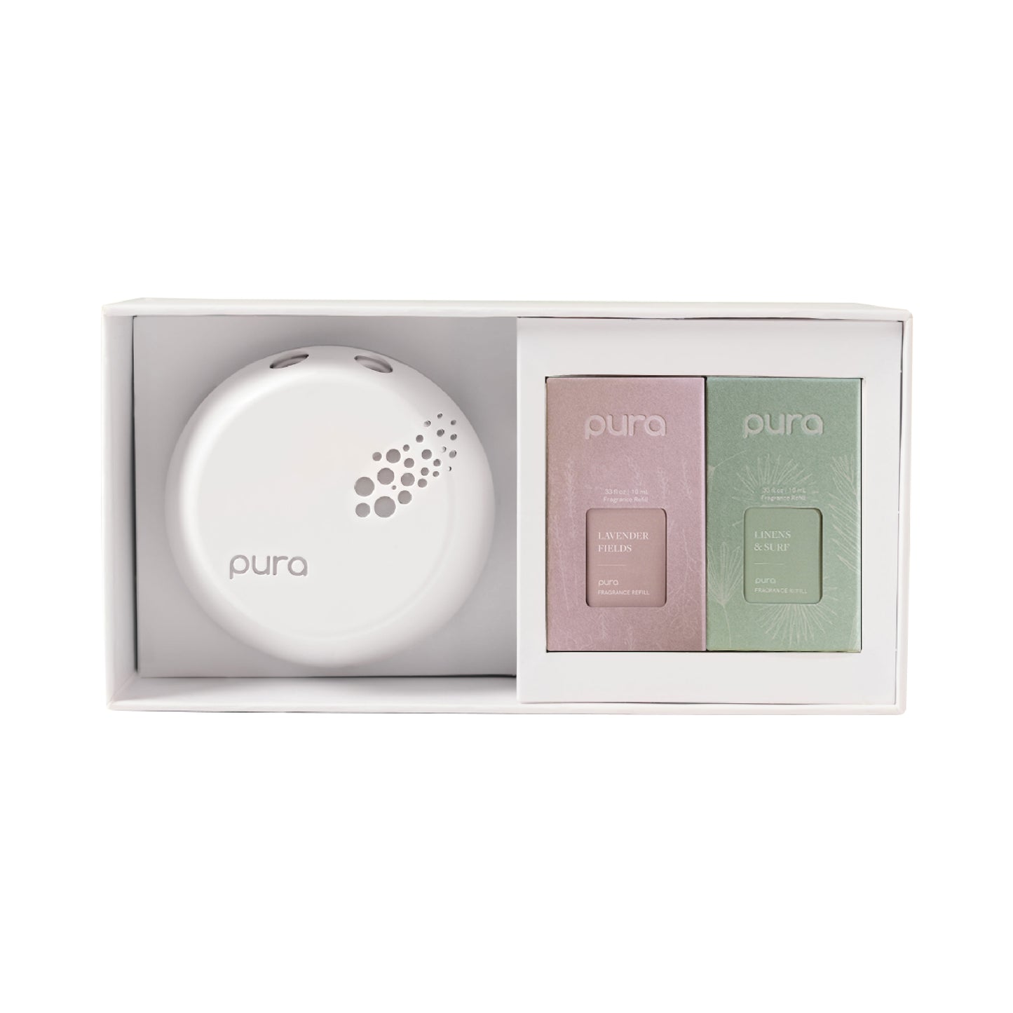 Pura Smart Fragrance Diffuser Device Set - Home Scent Diffuser with Pura Refills - 1 Fragrance Diffuser, 1 Linens & Surf, 1 Simply Lavender
