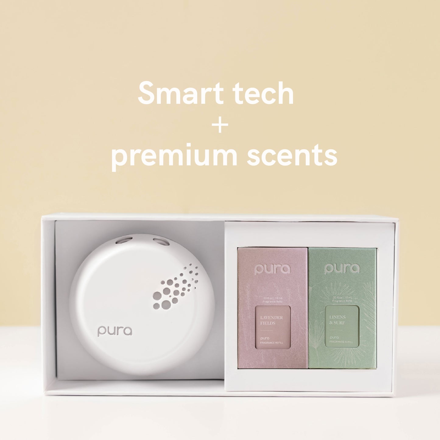 Pura Smart Fragrance Diffuser Device Set - Home Scent Diffuser with Pura Refills - 1 Fragrance Diffuser, 1 Linens & Surf, 1 Simply Lavender