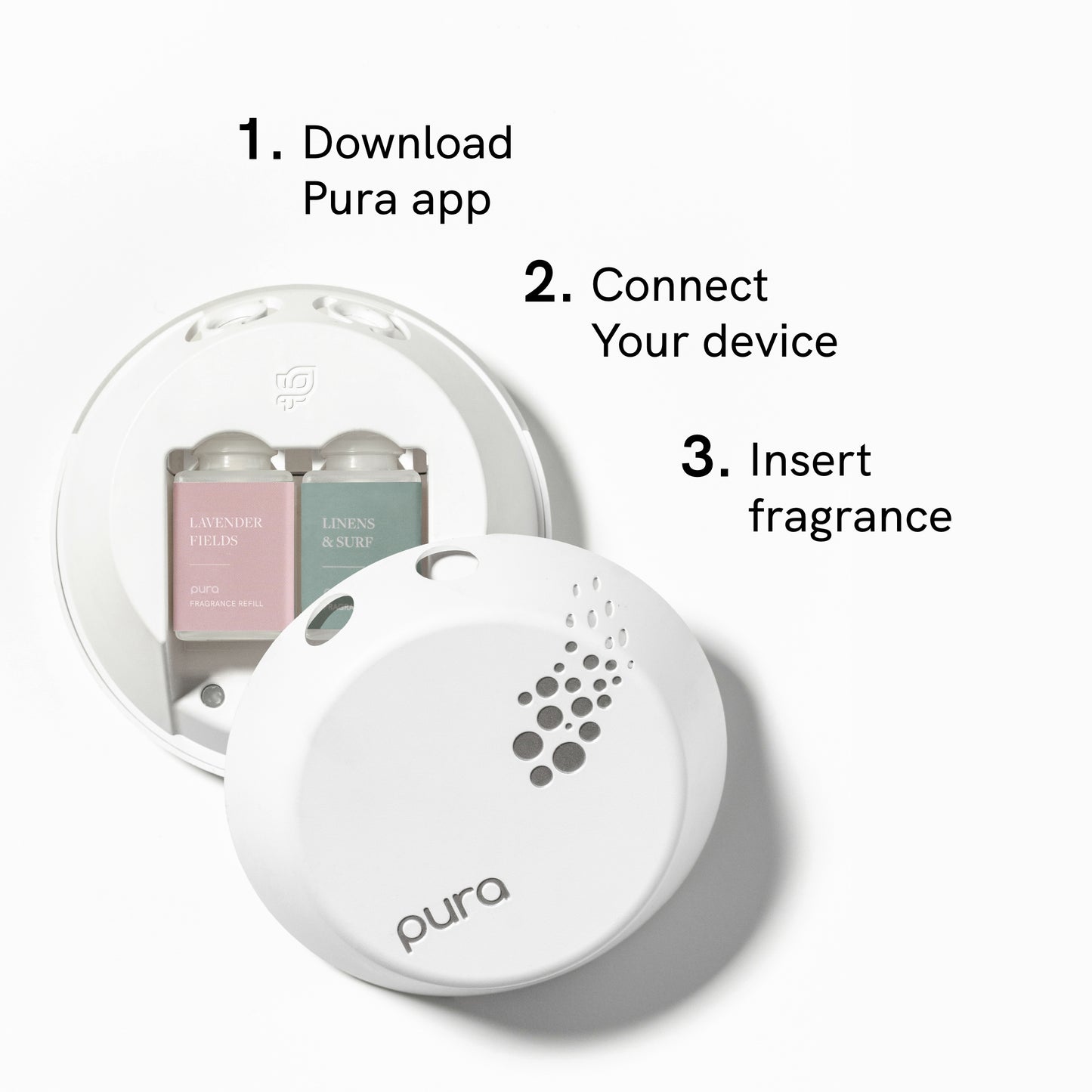 Pura Smart Fragrance Diffuser Device Set - Home Scent Diffuser with Pura Refills - 1 Fragrance Diffuser, 1 Linens & Surf, 1 Simply Lavender