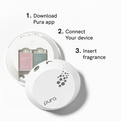 Pura Smart Fragrance Diffuser Device Set - Home Scent Diffuser with Pura Refills - 1 Fragrance Diffuser, 1 Linens & Surf, 1 Simply Lavender