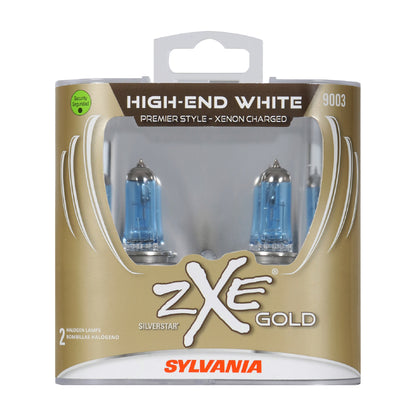 SYLVANIA - 9003 (HB2, H4) SilverStar zXe GOLD High Performance Halogen Headlight Bulb - Headlight & Fog Light, Bright White Output, Best HID Alternative, Xenon Charged Technology (Contains 2 Bulbs)