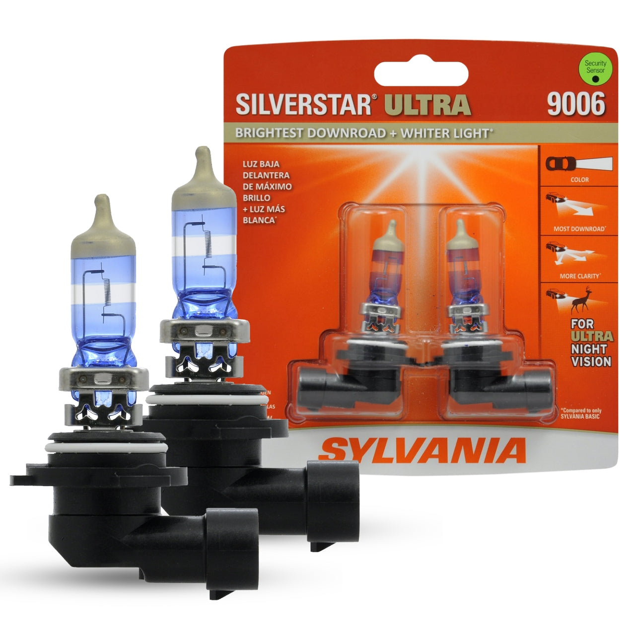 SYLVANIA - 9006 SilverStar Ultra - High Performance Halogen Headlight Bulb, High Beam, Low Beam and Fog Replacement Bulb, Brightest Downroad with Whiter Light, Tri-Band Technology (Contains 2 Bulbs), 9006SU.BP2