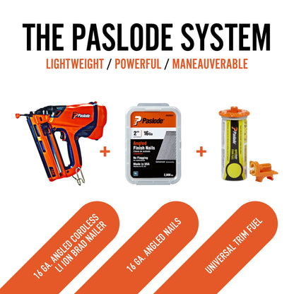 Paslode - Cordless Finish Nailer, 916200, 16 Gauge Angled, Battery and Fuel Cell Powered, No Compressor Needed