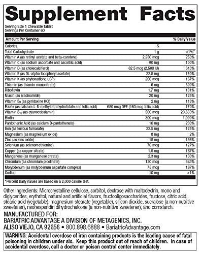 Bariatric Advantage High ADEK Chewable Multivitamin - High Potency Vitamin A, Vitamin D, Vitamin E, and Vitamin K Supplement for Bariatric Surgery Patients - Tropical Fruit, 60 Count