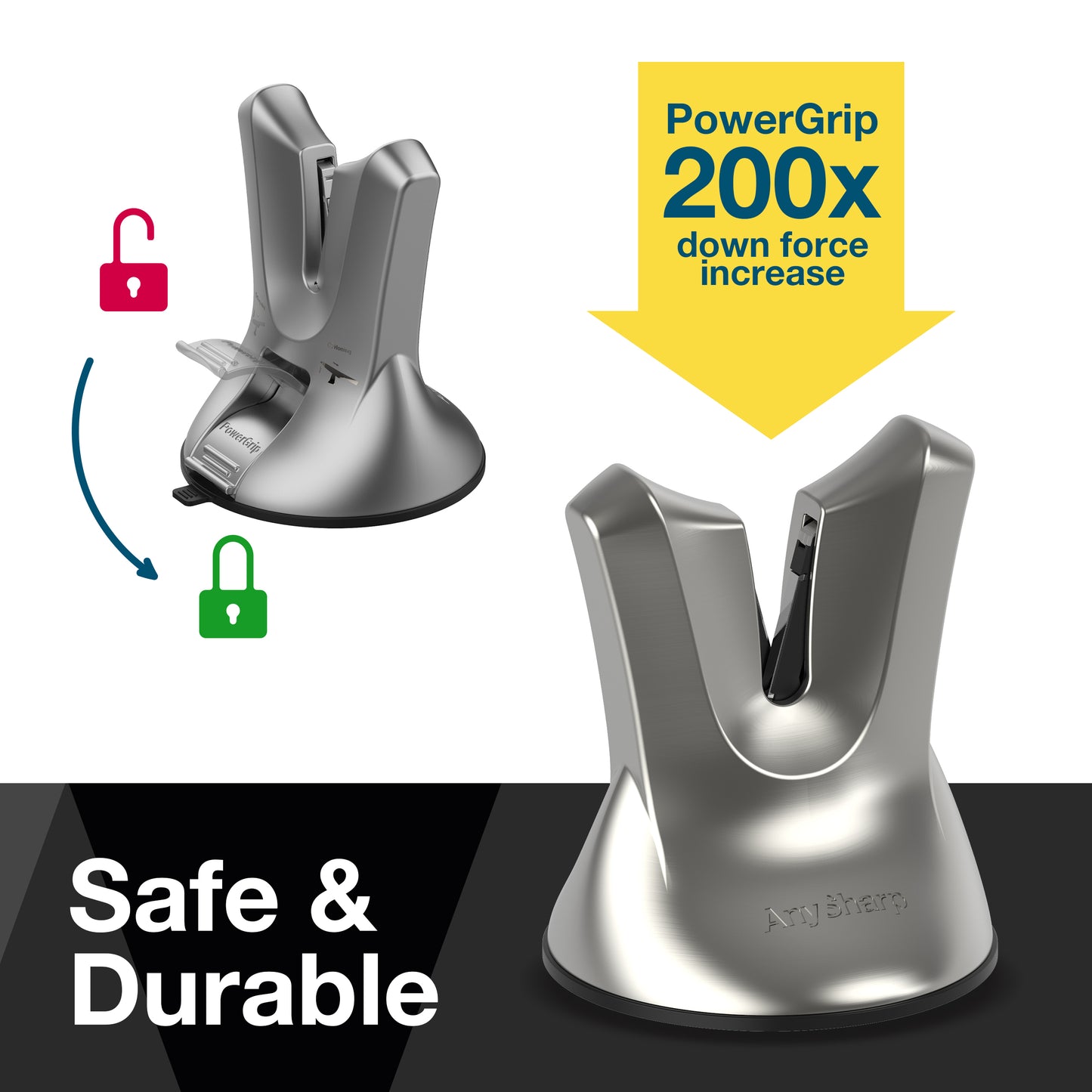 AnySharp XBlade Professional Knife Sharpener with PowerGrip - Hands-Free and Secure - Satin Silver