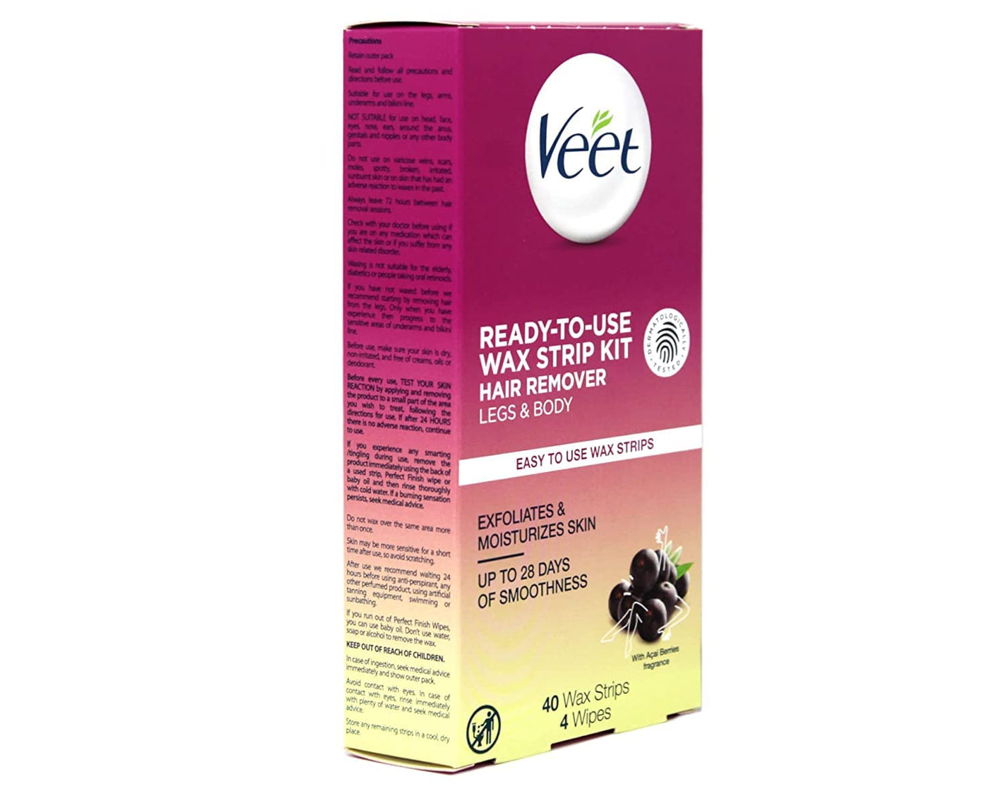 Veet Leg and Body Wax Strip Kit, 40 Wax Strips and 4 Wipes each (Value Pack of 12)