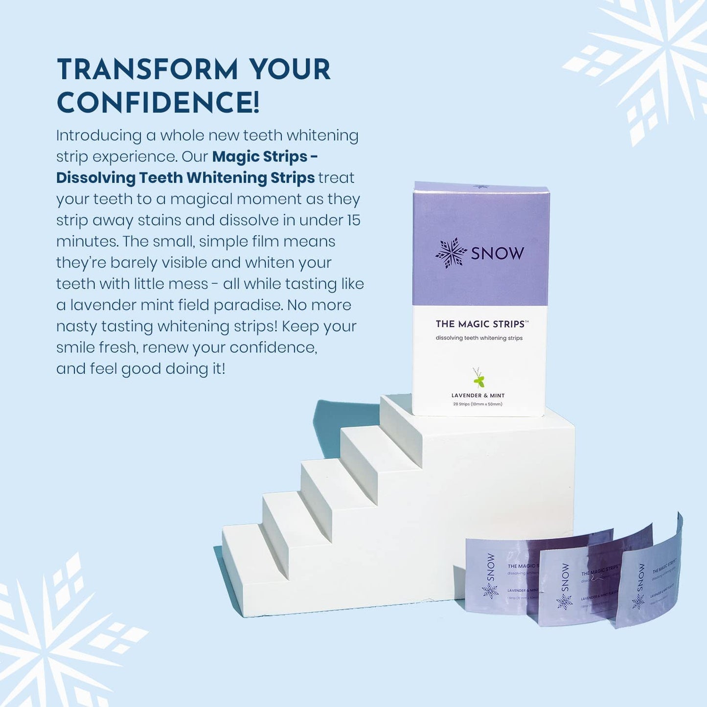 SNOW The Magic Strips - Safe for Enamel Dissolving Teeth Whitening Strips - Mess-Free Portable Teeth Whitener for Oral Care with Lavender & Mint Flavor, Whitening Strips for Teeth, 3 Packs (28 Strips)