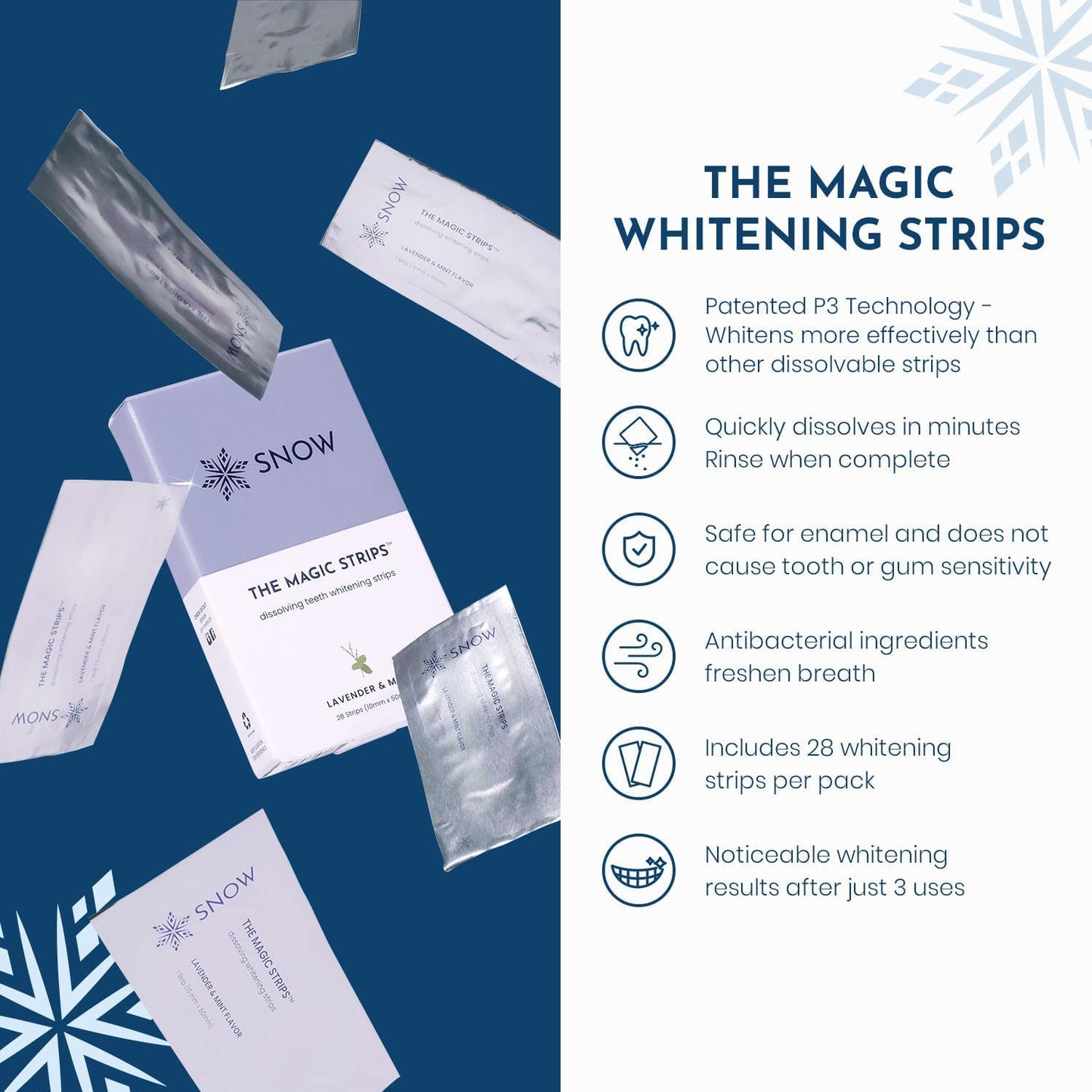 SNOW The Magic Strips - Safe for Enamel Dissolving Teeth Whitening Strips - Mess-Free Portable Teeth Whitener for Oral Care with Lavender & Mint Flavor, Whitening Strips for Teeth, 3 Packs (28 Strips)