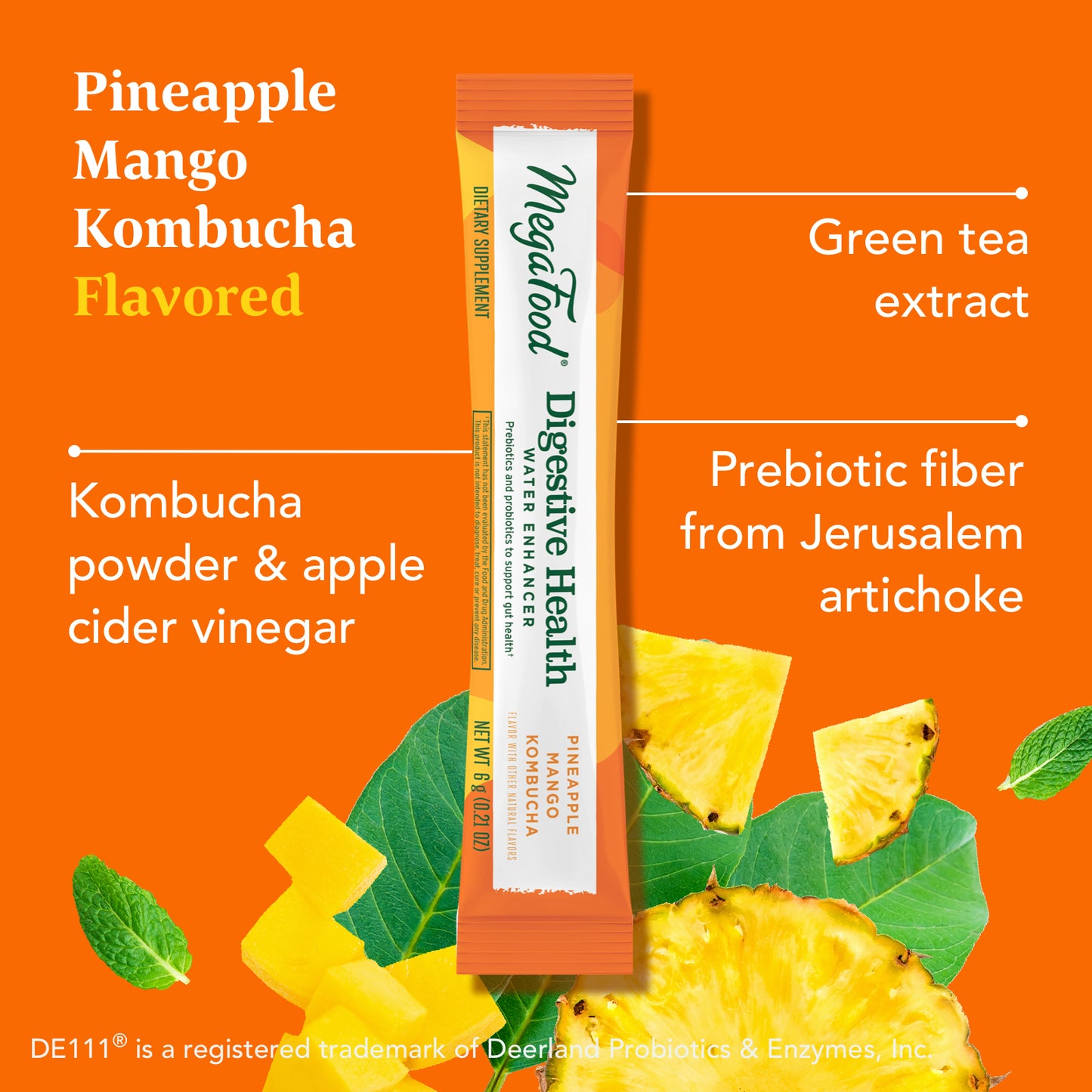 MegaFood Digestive Health Water Enhancer - Prebiotics & Probiotics for Women & Men - Support Gut Health with 2 Billion CFU - Pineapple Mango Kombucha Powder - 10 Count (Pack of 3)