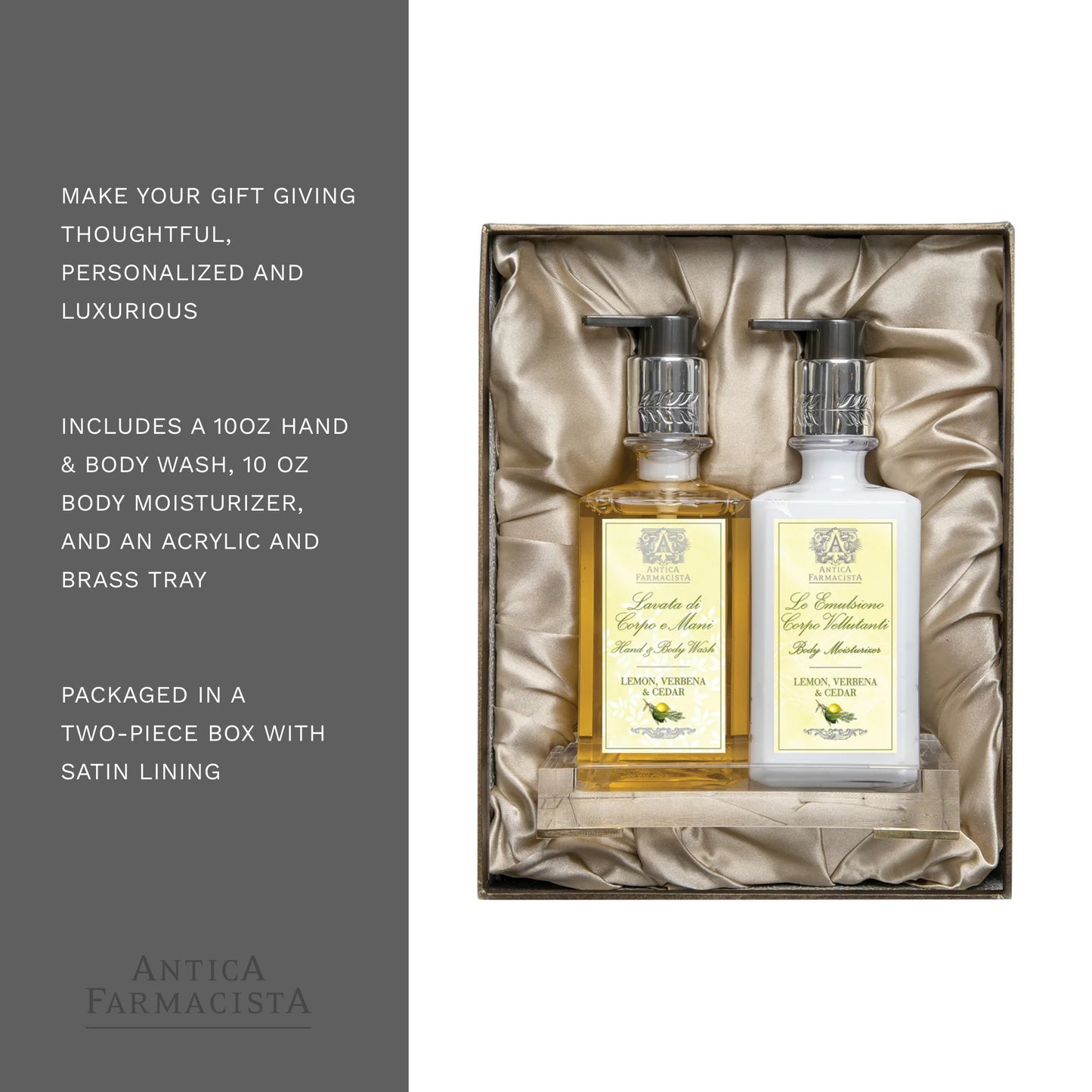 Antica Farmacista Gift Set with Hand/Body Wash, Body Moisturizer and Acrylic Bath/Body tray - Lemon Verbena & Cedar