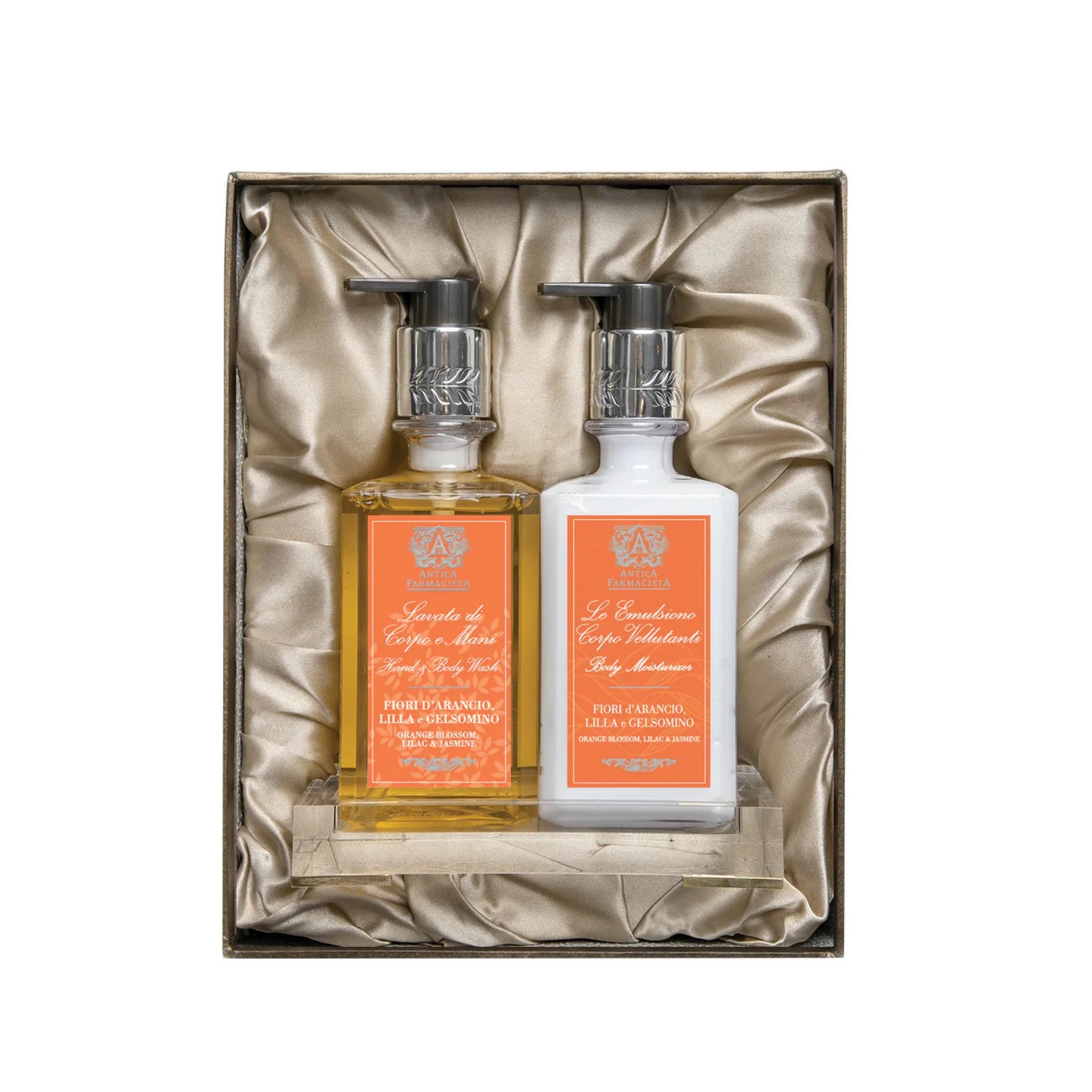 Antica Farmacista Gift Set with Hand/Body Wash, Body Moisturizer and Acrylic Bath/Body tray - Orange Blossom, Lilac & Jasmine