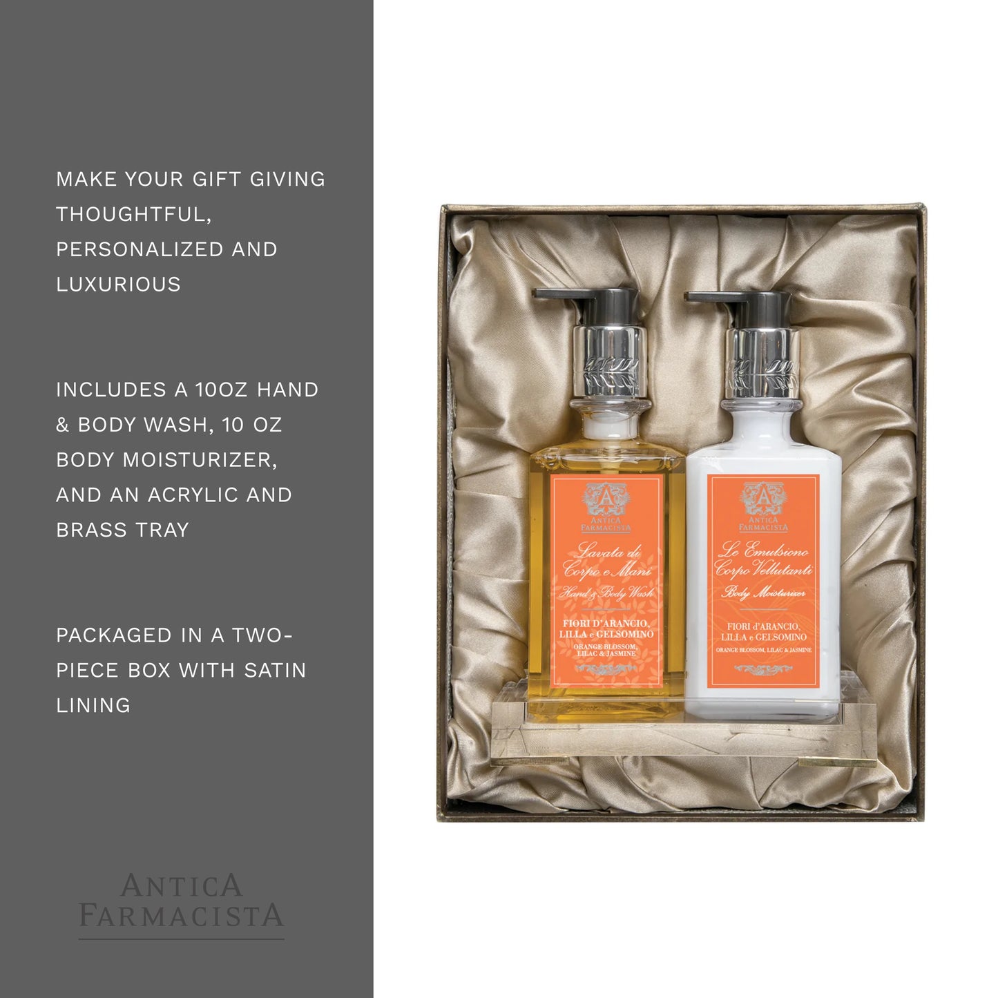 Antica Farmacista Gift Set with Hand/Body Wash, Body Moisturizer and Acrylic Bath/Body tray - Orange Blossom, Lilac & Jasmine