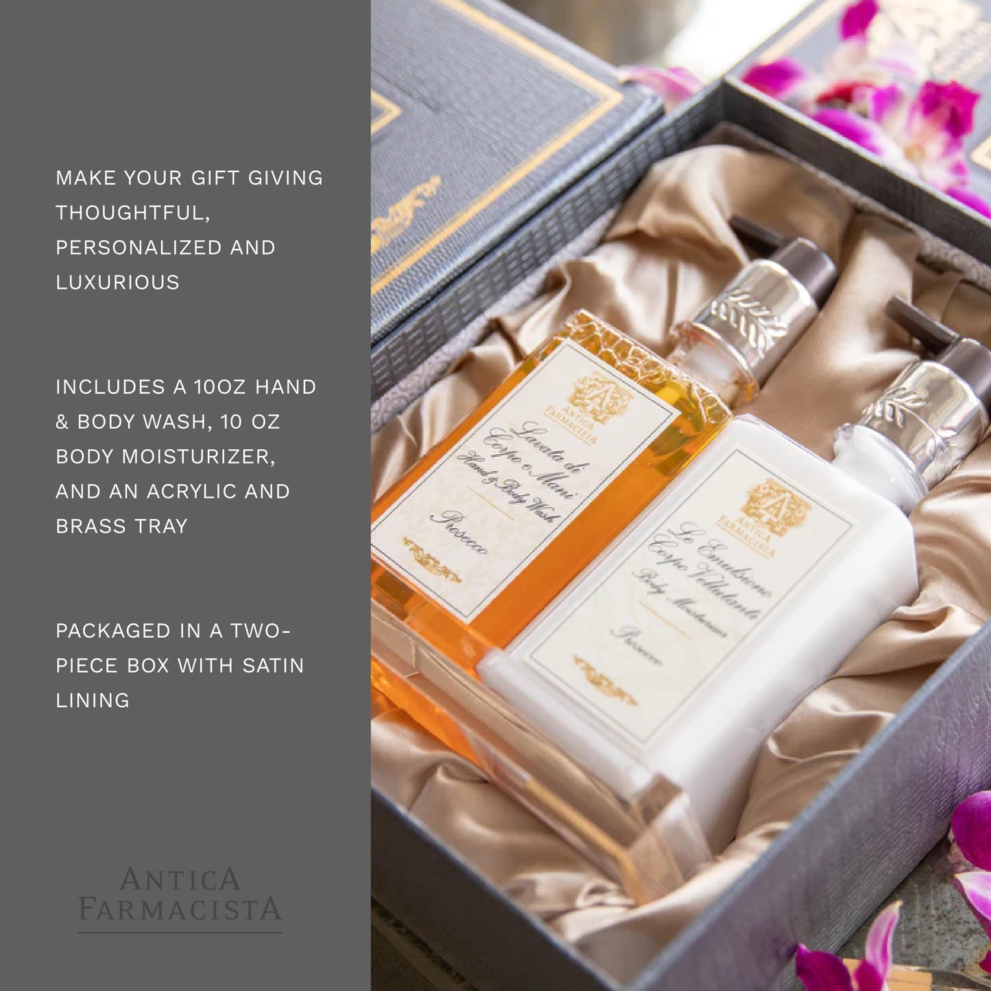 Antica Farmacista Gift Set with Hand/Body Wash, Body Moisturizer and Acrylic Bath/Body tray - Prosecco