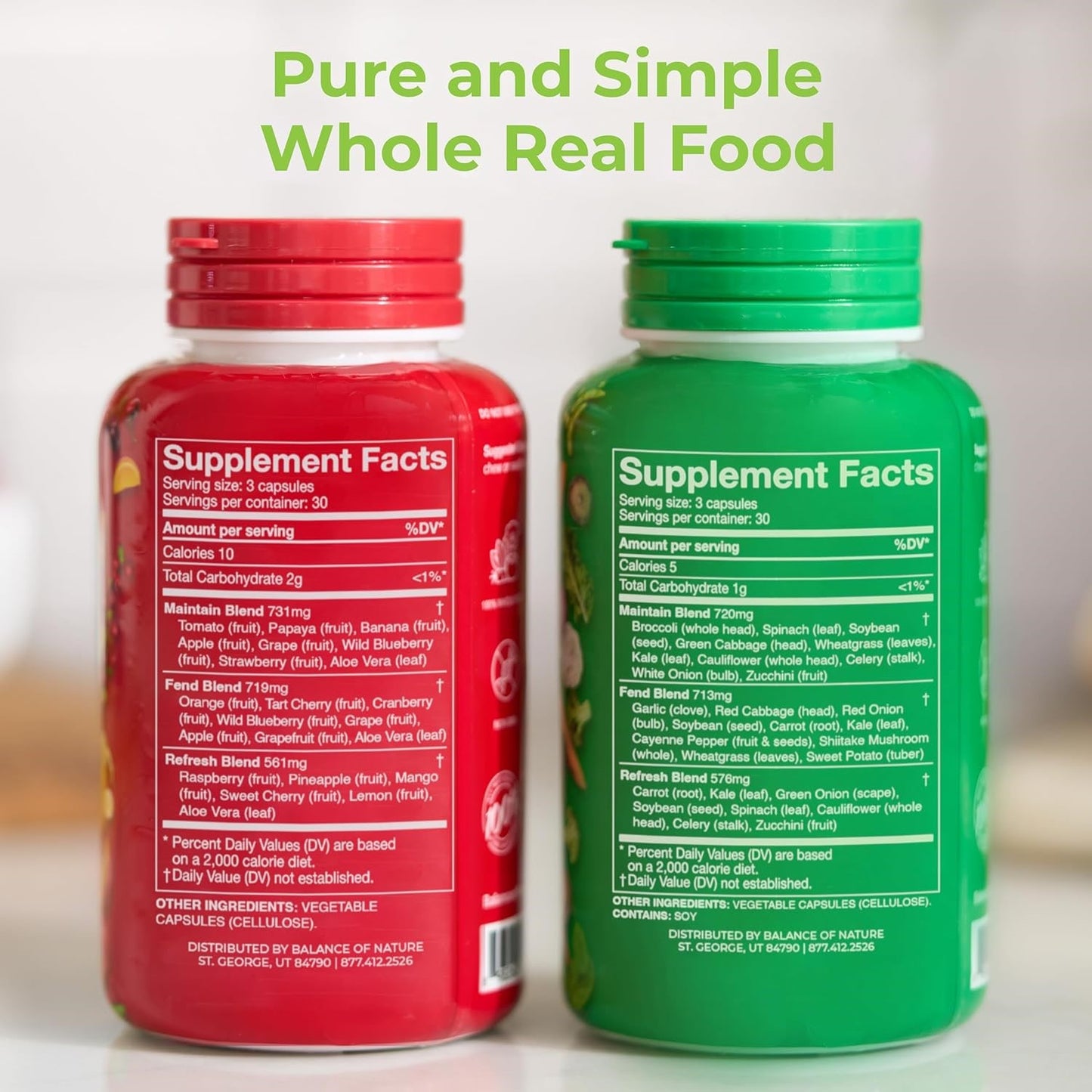 Balance of Nature Fruits and Veggies - 90 Fruit and 90 Veggie Supplement Capsules - 100% Whole Natural Food - Red and Green Superfood, Better Than A Multivitamin, Vegan, No Fillers or Extracts