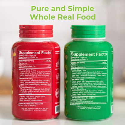 Balance of Nature Fruits and Veggies - 90 Fruit and 90 Veggie Supplement Capsules - 100% Whole Natural Food - Red and Green Superfood, Better Than A Multivitamin, Vegan, No Fillers or Extracts