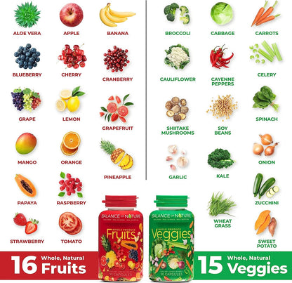 Balance of Nature Fruits and Veggies - 90 Fruit and 90 Veggie Supplement Capsules - 100% Whole Natural Food - Red and Green Superfood, Better Than A Multivitamin, Vegan, No Fillers or Extracts