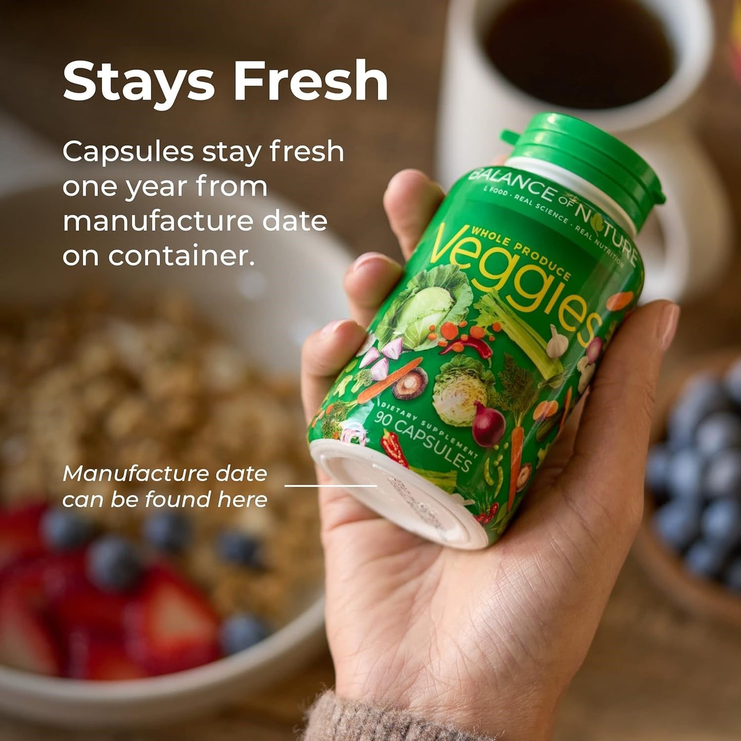 Balance of Nature Fruits and Veggies - 90 Fruit and 90 Veggie Supplement Capsules - 100% Whole Natural Food - Red and Green Superfood, Better Than A Multivitamin, Vegan, No Fillers or Extracts