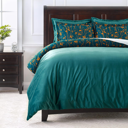 Chanasya 5-Piece Reversible Ultra Soft Brushed Microfiber Velvet Bedding Comforter Duvet Cover Set - Teal Yellow Bramble Leaves Foliage Print - (1 Duvet Cover & 4 Pillow Shams) - King Bed