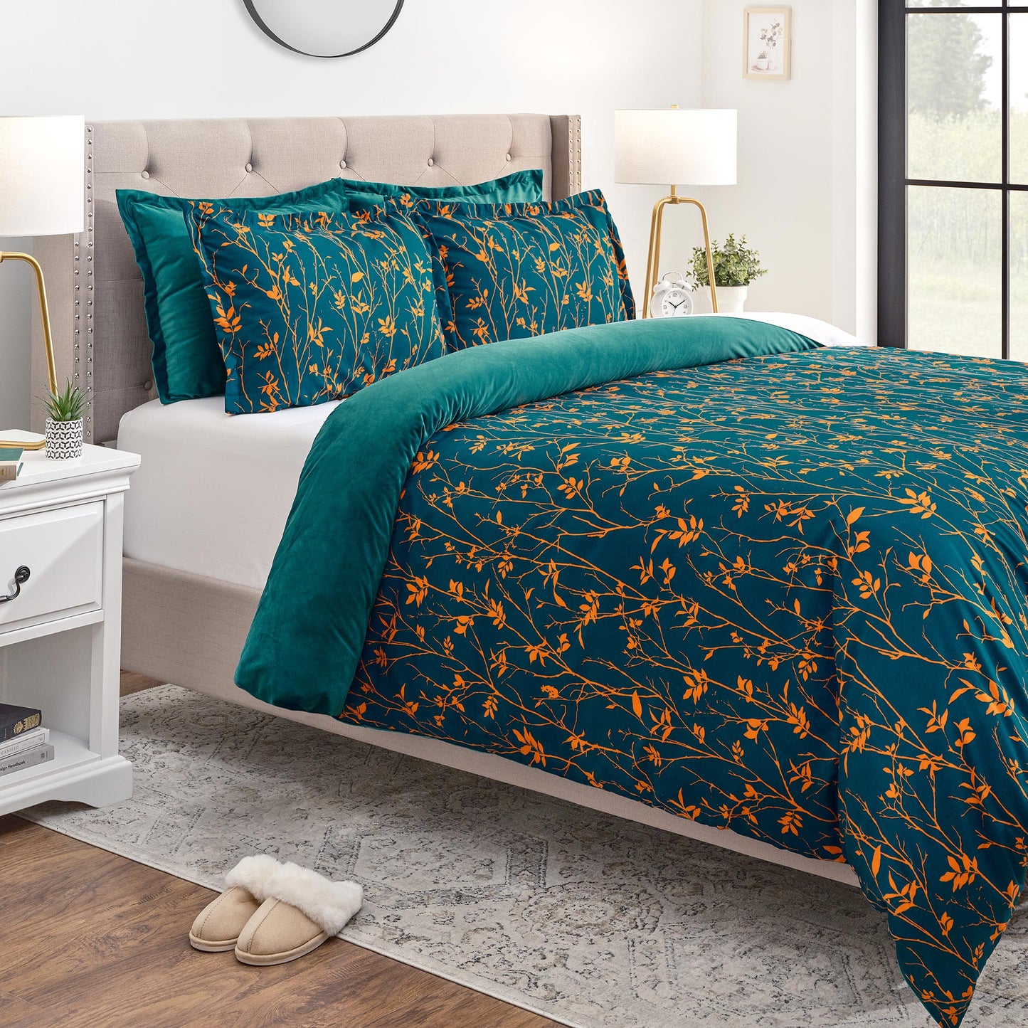 Chanasya 5-Piece Reversible Ultra Soft Brushed Microfiber Velvet Bedding Comforter Duvet Cover Set - Teal Yellow Bramble Leaves Foliage Print - (1 Duvet Cover & 4 Pillow Shams) - King Bed