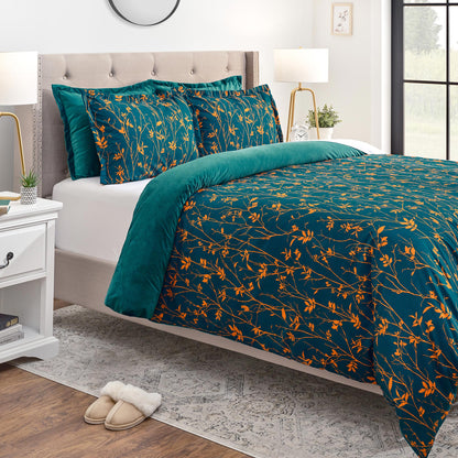 Chanasya 5-Piece Reversible Ultra Soft Brushed Microfiber Velvet Bedding Comforter Duvet Cover Set - Teal Yellow Bramble Leaves Foliage Print - (1 Duvet Cover & 4 Pillow Shams) - King Bed