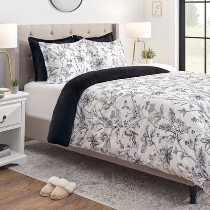 Chanasya 5-Piece Reversible Ultra Soft Brushed Microfiber Velvet Bedding Comforter Duvet Cover Set - Black White Hand Drawn Sketch Floral Botanical Print - (1 Duvet Cover & 4 Pillow Shams) - Queen Bed