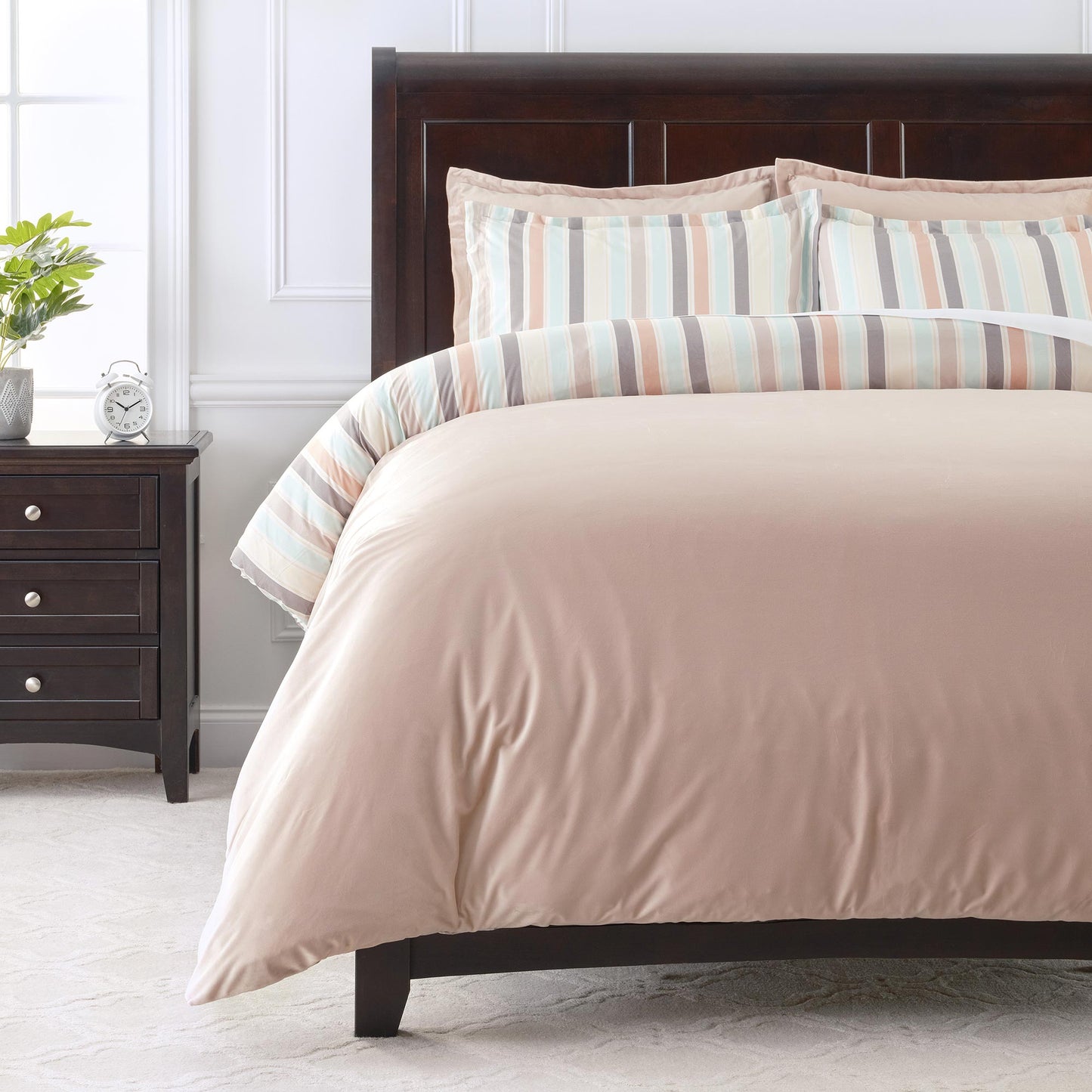 Chanasya 5-Piece Reversible Ultra Soft Brushed Microfiber Velvet Bedding Comforter Duvet Cover Set - Pastel Pink Stripe Print - (1 Duvet Cover & 4 Pillow Shams) - Queen Bed