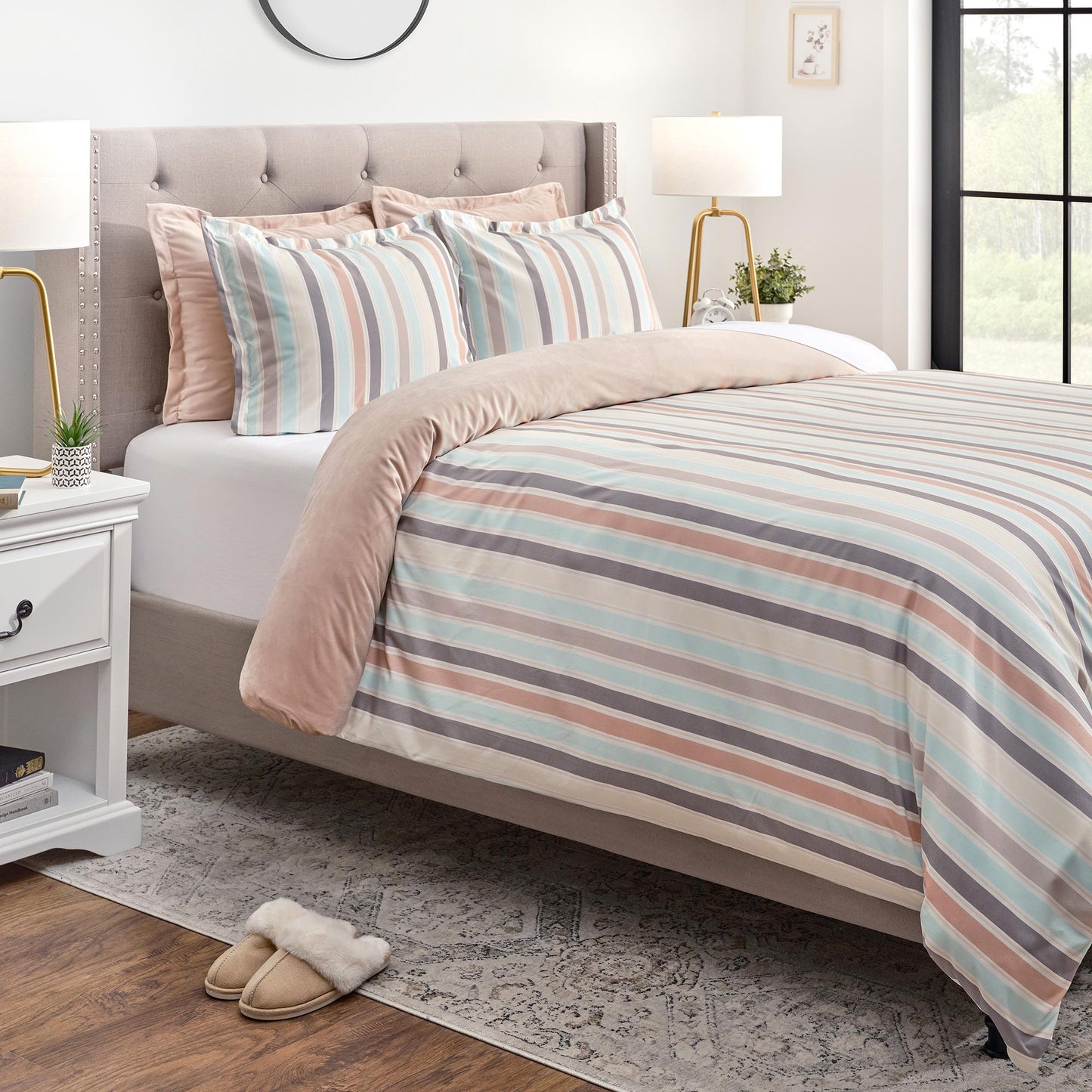 Chanasya 5-Piece Reversible Ultra Soft Brushed Microfiber Velvet Bedding Comforter Duvet Cover Set - Pastel Pink Stripe Print - (1 Duvet Cover & 4 Pillow Shams) - King Bed