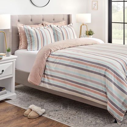Chanasya 5-Piece Reversible Ultra Soft Brushed Microfiber Velvet Bedding Comforter Duvet Cover Set - Pastel Pink Stripe Print - (1 Duvet Cover & 4 Pillow Shams) - Queen Bed