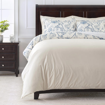 Chanasya 5-Piece Reversible Ultra Soft Brushed Microfiber Velvet Bedding Comforter Duvet Cover Set - Blue Cream Toile Peony Floral Botanical Print - (1 Duvet Cover & 4 Pillow Shams) - King Bed