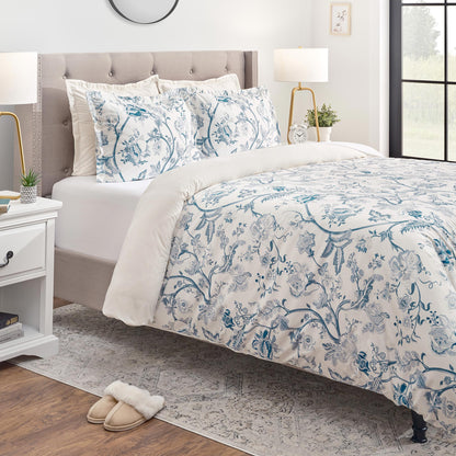 Chanasya 5-Piece Reversible Ultra Soft Brushed Microfiber Velvet Bedding Comforter Duvet Cover Set - Blue Cream Toile Peony Floral Botanical Print - (1 Duvet Cover & 4 Pillow Shams) - King Bed