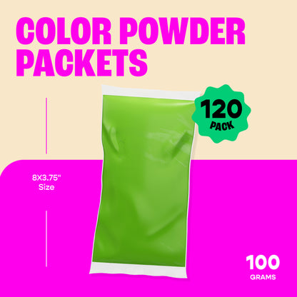 Chameleon Colors - 120 Individual Assorted Holi Powder Bags - 100 Grams Each - 10 Color Variety