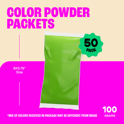 Chameleon Colors 50 Color Fun Run Packets, Individual Holi Color Powder Packets, Clear Packages with 10 Vibrant Colors, 11 Pounds (100 Grams Per Bag)