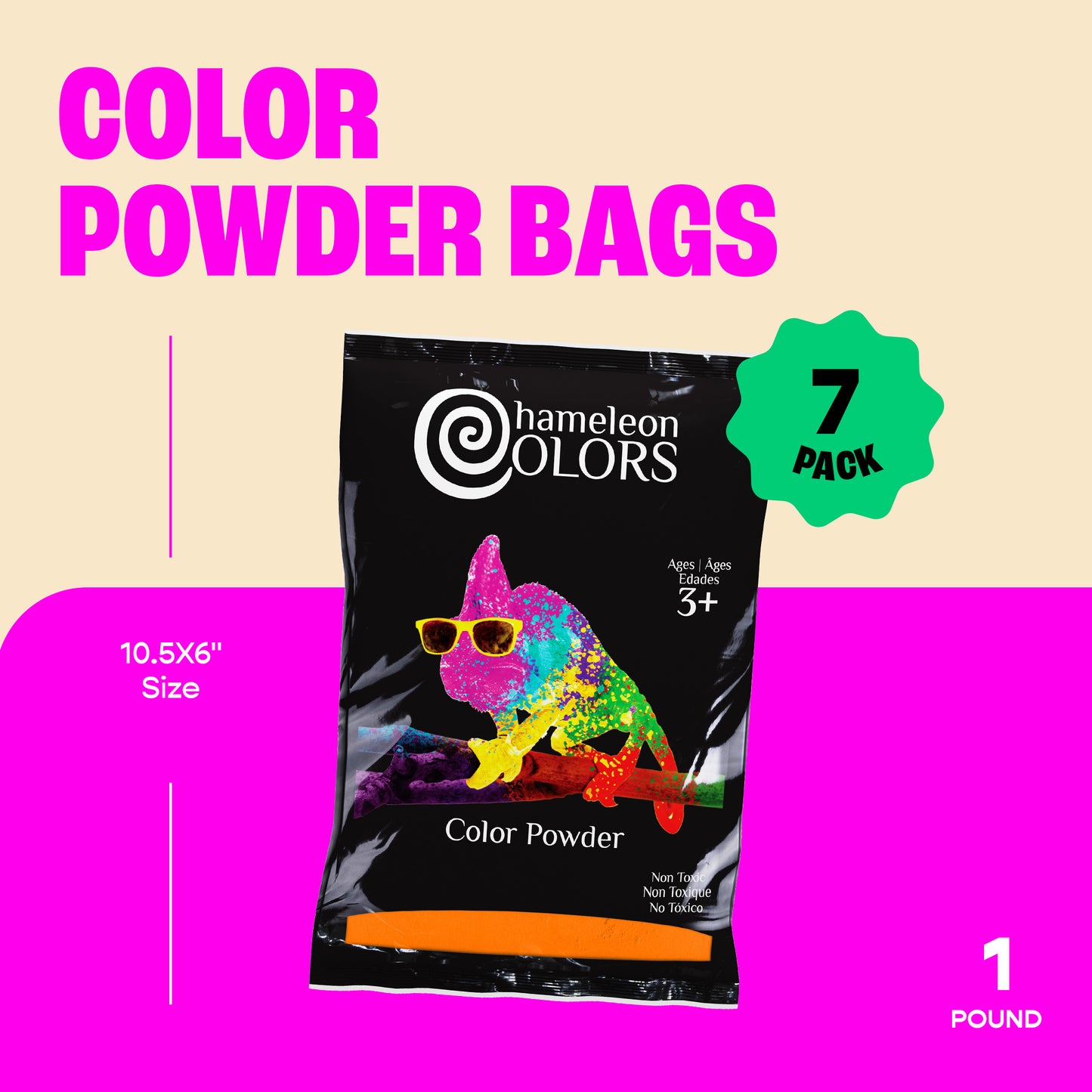 Chameleon Colors Rainbow Color Powder, 7 Colors of Holi Color, 7 Pounds (1 Pound per Bag), Pack of 7