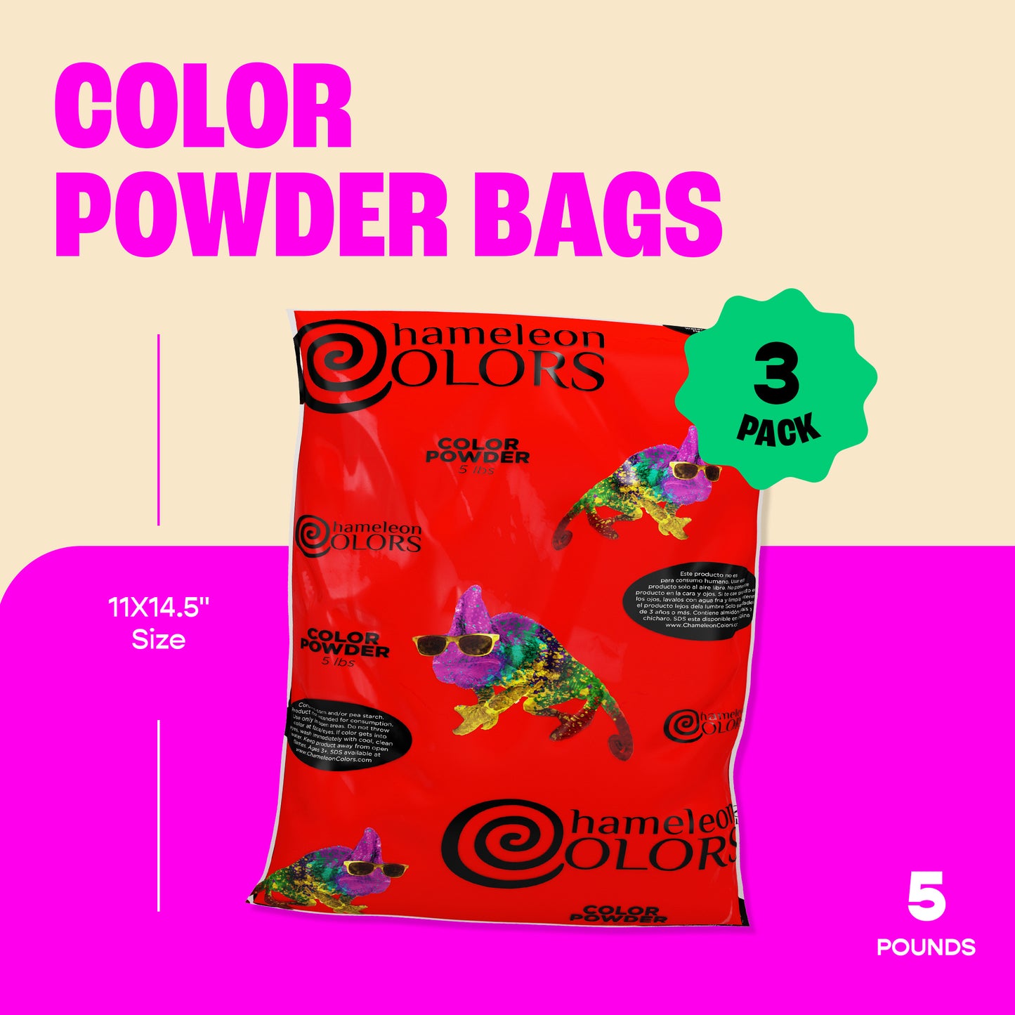 Chameleon Colors Color Powder, 3 Colors of Holi Powder, 15 Pounds (5 Pounds per Bag), Pack of 3