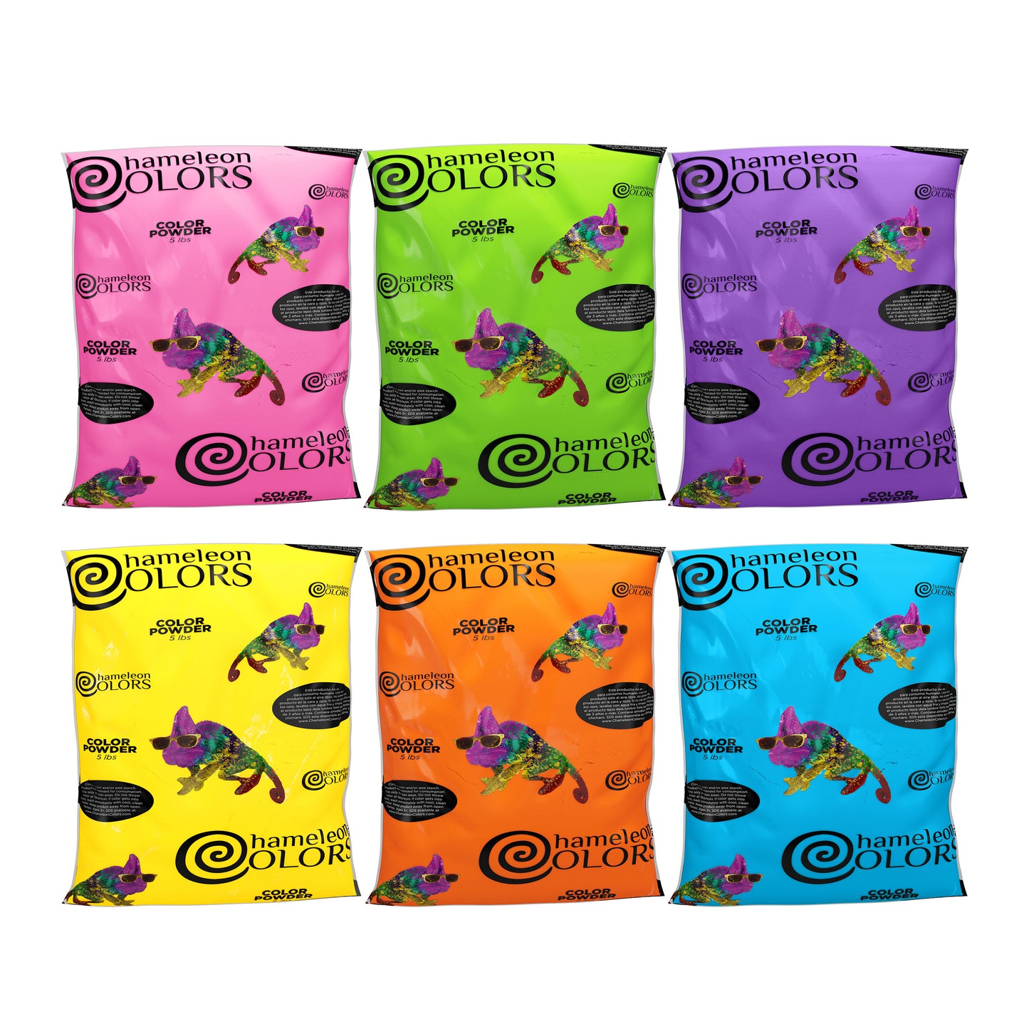 Chameleon Colors - 6 Colors of Holi Powder - 30 Pounds (5 Pounds per Bag) - Pack of 6