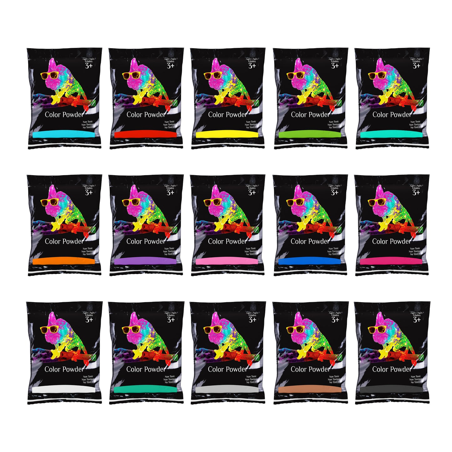 Holi Festival Color Powder - 15 color 15 pack 70g - Yellow, Pink, Green, Purple, Orange, Red, Aquamarine, Magenta, Navy Blue, True Blue, Black, Brown, Grey, White, Teal - Premium