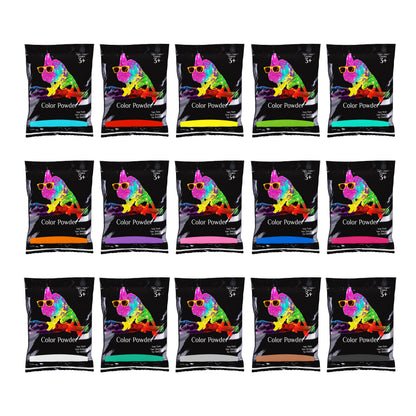 Holi Festival Color Powder - 15 color 15 pack 70g - Yellow, Pink, Green, Purple, Orange, Red, Aquamarine, Magenta, Navy Blue, True Blue, Black, Brown, Grey, White, Teal - Premium